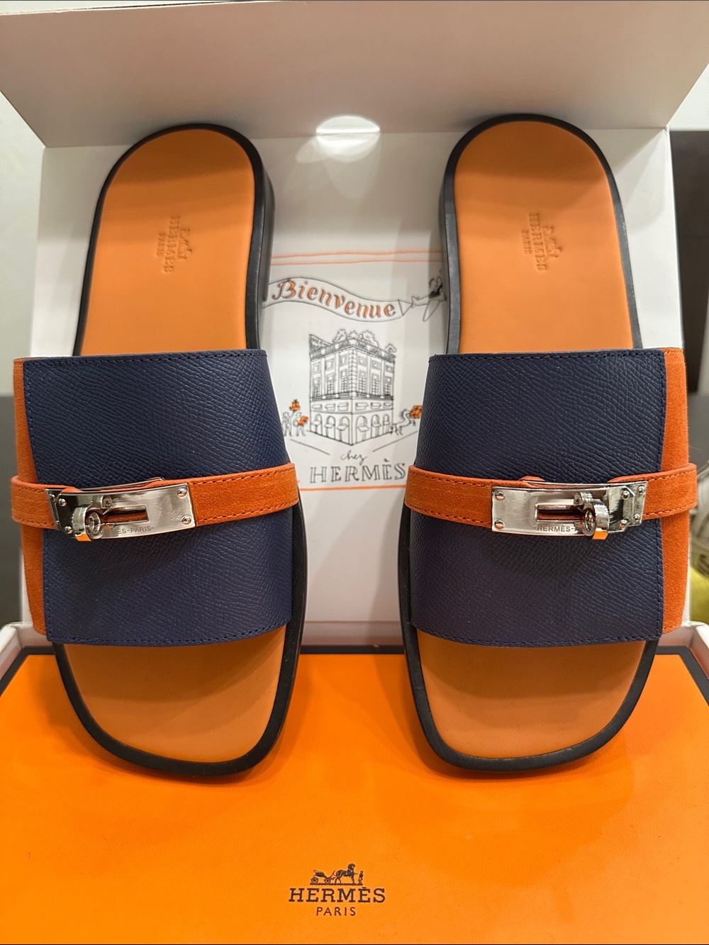 Hermes Navy and Orange Leather Slide Sandals with Silver Hardware